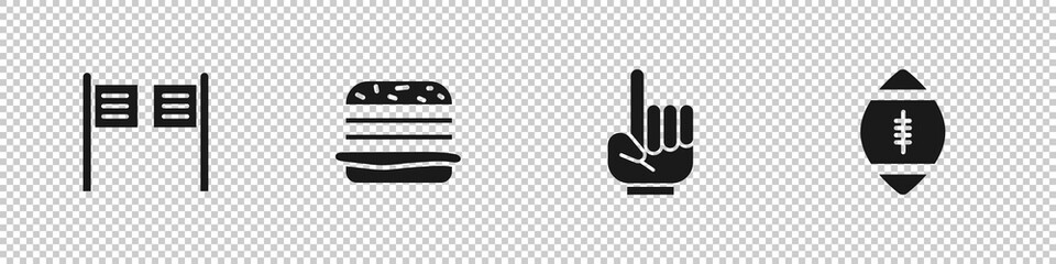 Set Saloon door, Burger, Number 1 one fan hand glove and American Football ball icon. Vector