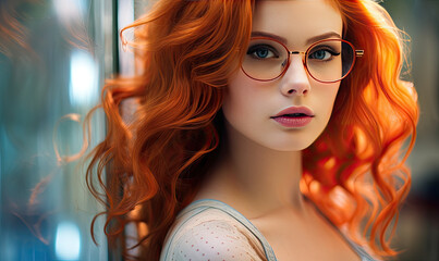 a young woman with red hair is wearing glasses