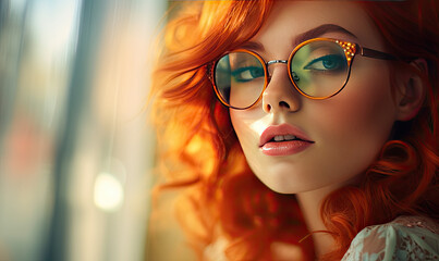 a young woman with red hair is wearing glasses