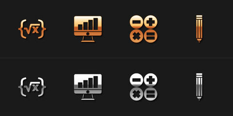 Set Square root of x glyph, Computer monitor with graph chart, Calculator and Pencil icon. Vector