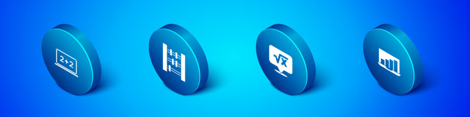 Set Isometric Chalkboard, Square root of x glyph, Laptop with graph chart and Abacus icon. Vector