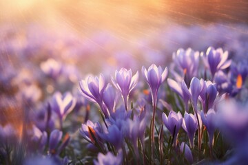 Picturesque Sunny crocus field. Nature flower. Generate AI - obrazy, fototapety, plakaty