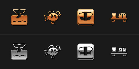 Set Whale tail in ocean wave, Tropical fish, Sushi on cutting board and icon. Vector