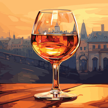 A glass of cognac on the table on the old city background. Vector
