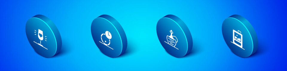 Set Isometric Wine glass, italian fiasco bottle, Cardboard box of wine and Wooden barrel for icon. Vector