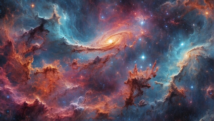 Abstract cosmic backdrop with swirling galaxies, nebulae, and celestial wonders.