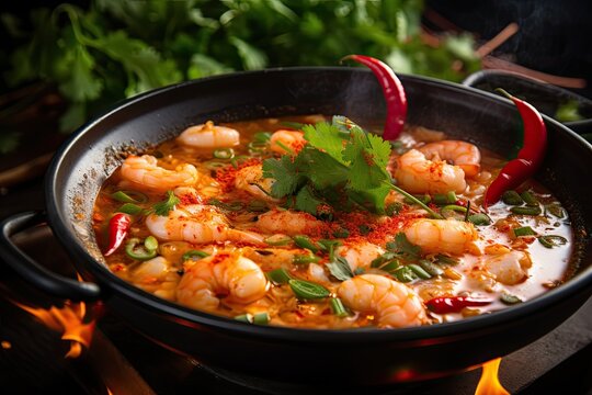 Steamy hot seafood soup with vibrant ingredients on table. Suitable for recipe book covers. - Powered by Adobe