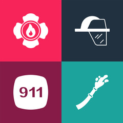 Set pop art Fire hose reel, Emergency call 911, Firefighter helmet and icon. Vector