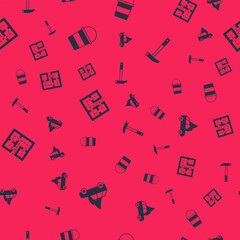 Set Burning car, Fire bucket, Evacuation plan and Firefighter axe on seamless pattern. Vector