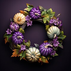 A wreath of purple and white pumpkins and flowers, purple, orange design.