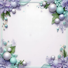 Christmas frame decorations with pastel  lavender and light green flowers and New year balls , on white background.