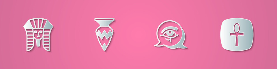 Fototapeta premium Set paper cut Egyptian pharaoh, vase, Eye of Horus and Cross ankh icon. Paper art style. Vector