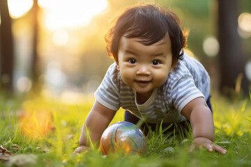 Fototapeta premium Curious Asian Infant Crawling on Vibrant Green Grass - Outdoor Exploration