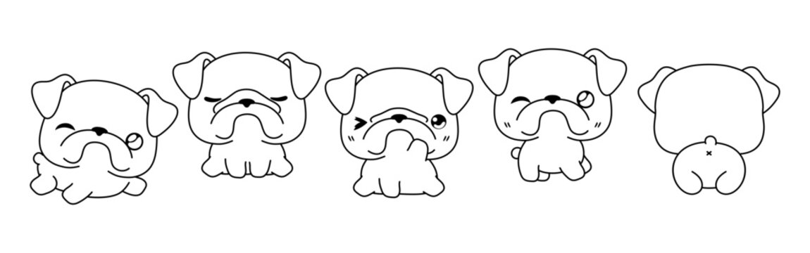 Set of Vector Cartoon Animal Coloring Page. Collection of Kawaii Isolated Bulldog Dog Outline for Stickers, Baby Shower, Coloring Book, Prints for Clothes