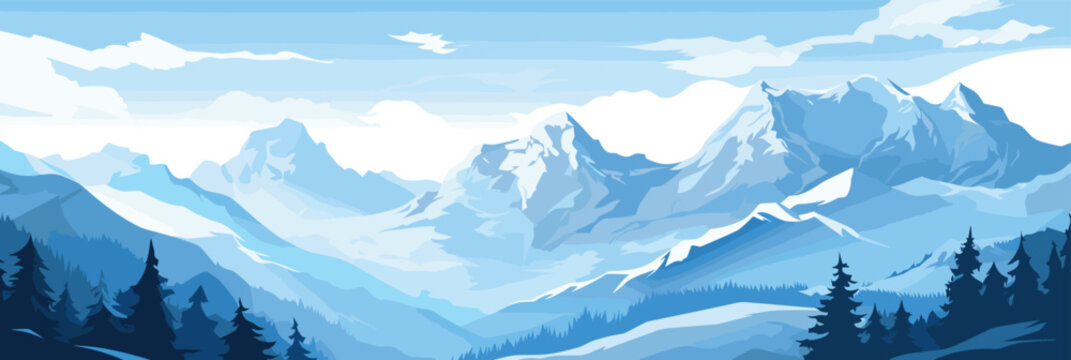 Mountain range with snowed peaks silhouette vector. Sunrise and sunset in mountains