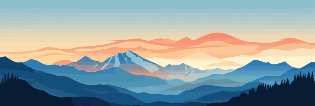 Mountain range silhouette vector. Sunrise and sunset in mountains