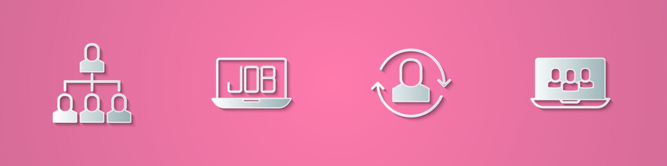 Set paper cut Employee hierarchy, Search job, Exchange work and Project team base icon. Paper art style. Vector