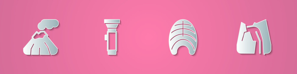 Set paper cut Volcano, Flashlight, Fish steak and Waterfall icon. Paper art style. Vector