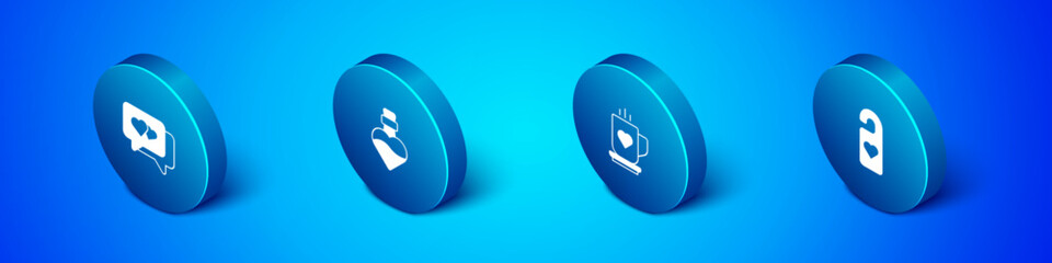 Set Isometric Heart in speech bubble, Coffee cup and heart, Please do not disturb with and Bottle love potion icon. Vector