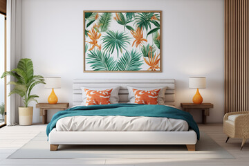 Bright Tropical Bedroom with Wooden Accents and Teal Bedding
