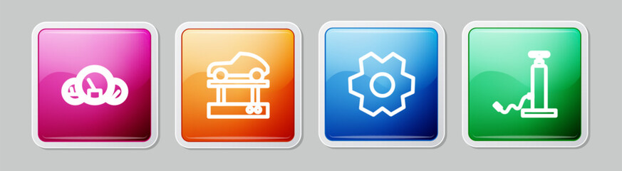 Set line Speedometer, Repair car on a lift, Gear and Car pump. Colorful square button. Vector