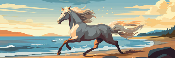 A free horse gallops on the seashore. Sunny sunset. A beautiful elegant horse with a flattering mane. Vector
