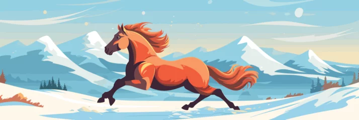 Rolgordijnen A horse with a fluttering mane gallops freely on a snowy plain, vector © baobabay