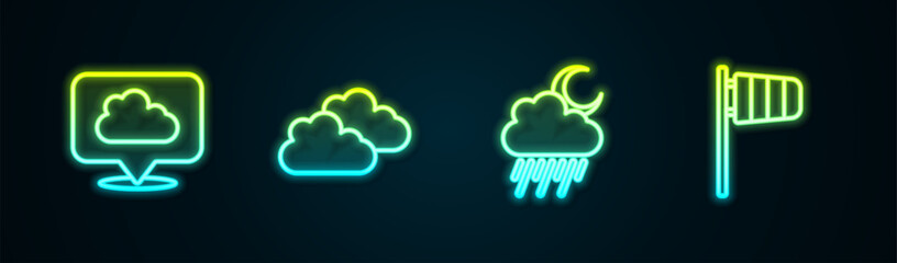 Set line Location cloud, Cloud, with rain and moon and Cone windsock wind vane. Glowing neon icon. Vector - obrazy, fototapety, plakaty