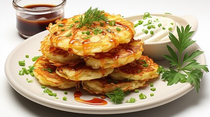 A white plate topped with potato cakes next to a cup of sauce, potato pancakes with apple sauce.