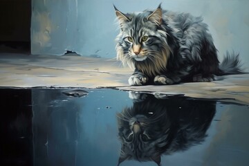 A feline observing its own reflection and perceiving itself as a mighty creature. Generative AI