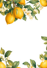 Botanical illustration, branch with lemons and flowers in retro style frame, PNG.Frame of lemons.