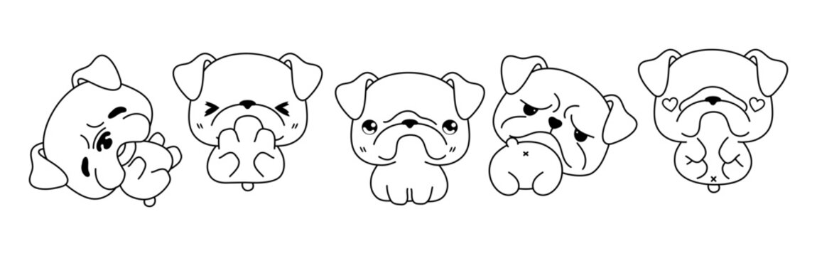 Set of Kawaii Isolated Bulldog Dog Coloring Page. Collection of Cute Vector Cartoon Puppy Outline for Stickers, Baby Shower, Coloring Book, Prints for Clothes
