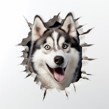A husky dog looking through a hole in a wall