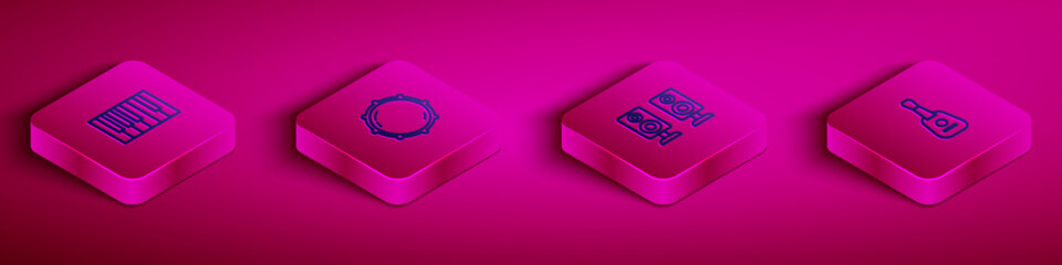 Set Isometric line Grand piano, Dial knob level, Stereo speaker and Guitar icon. Vector