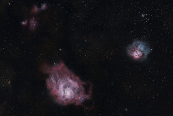 Lagoon Nebula (M8) &  Trifid Nebula (NGC 6514) are large interstellar gas regions in the constellation Sagittarius