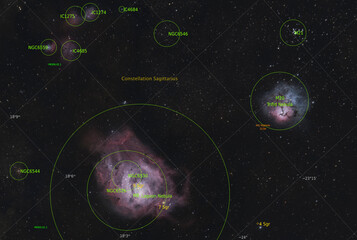 Naklejka premium Lagoon Nebula (M8) & Trifid Nebula (NGC 6514) are large interstellar gas regions in the constellation Sagittarius (annotated version)