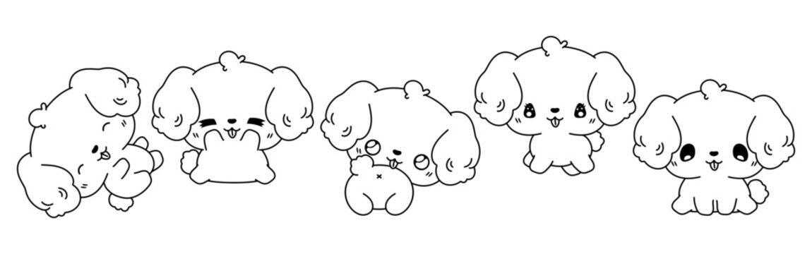 Set of Vector Cartoon Dog Coloring Page. Collection of Kawaii Isolated Bichon Frise Dog Outline for Stickers, Baby Shower, Coloring Book, Prints for Clothes