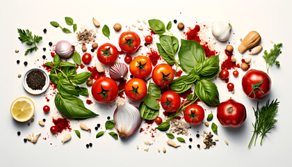 Top-view, Marinara sauce ingredients, tomatoes, garlic, onions, olive oil, and herbs, basil and oregano, isolated on white background - obrazy, fototapety, plakaty
