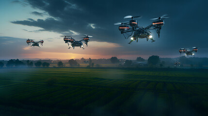 Fototapeta na wymiar fleet of drones flying over a field