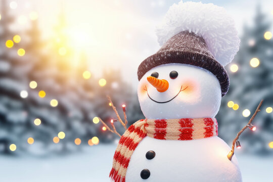 Smiling cartoon snowman with scarf and hat in the winter forest at sunset with bokeh lights.