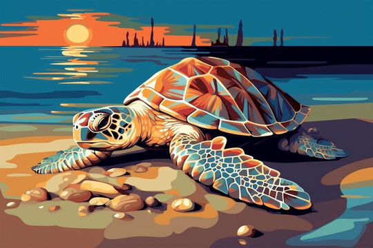 cartoon style of a turtle on the beach