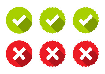 Checkmark and x cross badge icon vector. Safety and danger sign symbol set collection - obrazy, fototapety, plakaty