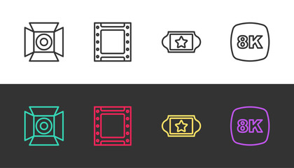 Set line Movie spotlight, Play video, Cinema ticket and 8k Ultra HD on black and white. Vector