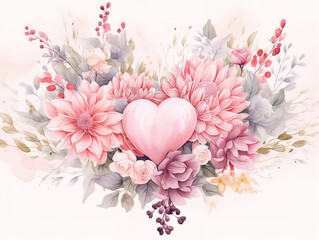 Mother's Day Banner with Love Heart and Watercolor Flowers, Elegant Pink Illustration. Generative Ai