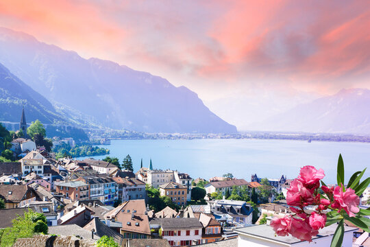 Beautiful pink sunset above Montreux, Switzerland