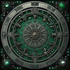 green azure mystical cosmos compass planet tarot card constellation navigation zodiac illustration