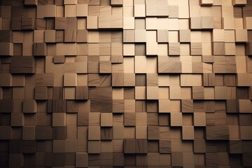Wall background with tiles made of wood and natural blocks. 3D render. Generative AI