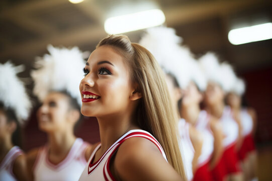 High School Cheerleaders, Boosting Team Spirit And Cheering On The Crowd