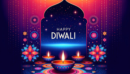 colorful diwali greeting with vibrant fireworks, rangoli patterns and diya lamps - obrazy, fototapety, plakaty