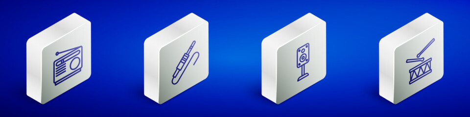 Set Isometric line Radio, Audio jack, Stereo speaker and Drum with drum sticks icon. Vector